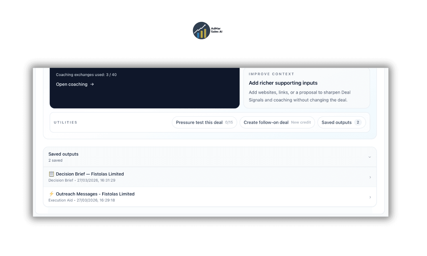 AdMar saved outputs showing generated buyer-facing or internal deal materials.