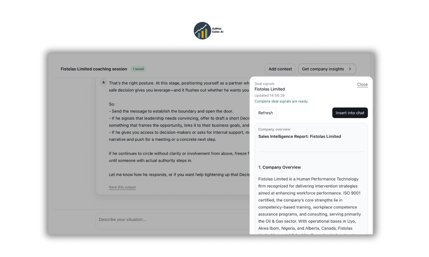 AdMar deal signals panel showing company insights and options to refresh or insert into chat.